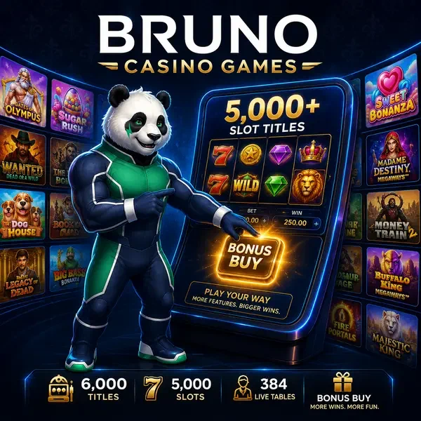 Spieler entdeckt über 6.000 Spielautomaten auf der neonbeleuchteten Spielfläche von Bruno Casino