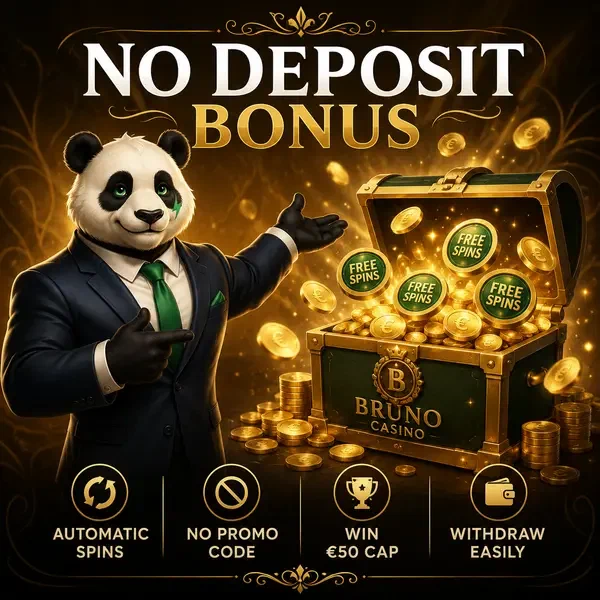 Charakter präsentiert Schatztruhe voller Bruno Casino No Deposit Bonus Münzen und Token