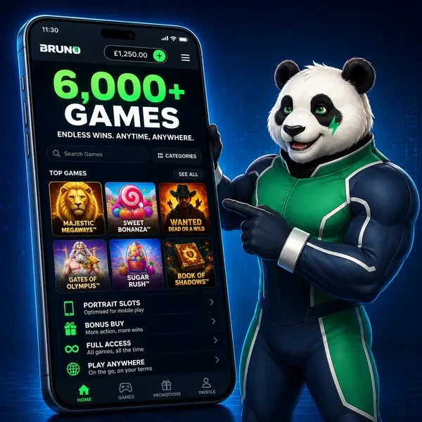 Spieler beschäftigt mit Bruno Mobile App, die 6.000+ Spiele in lebendiger Lobby anzeigt