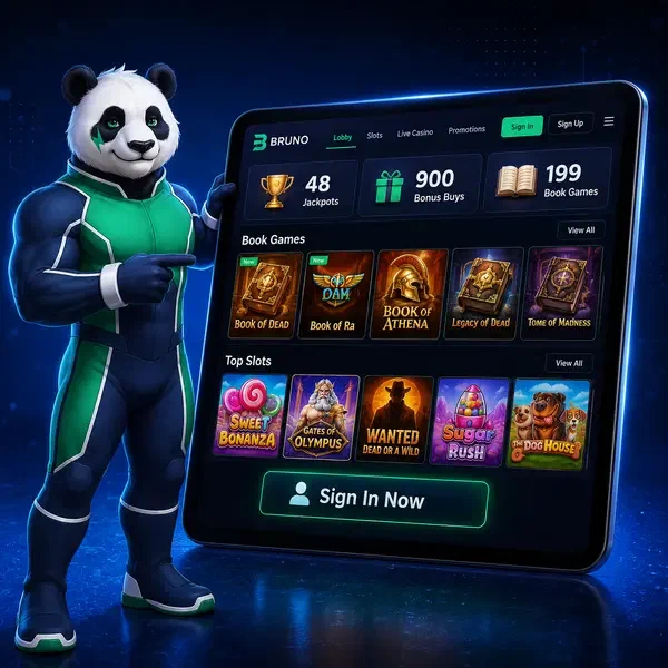 Spieler greift auf Bruno Spiellobby mit organisierten Slots und Jackpot-Kategorien nach Login zu