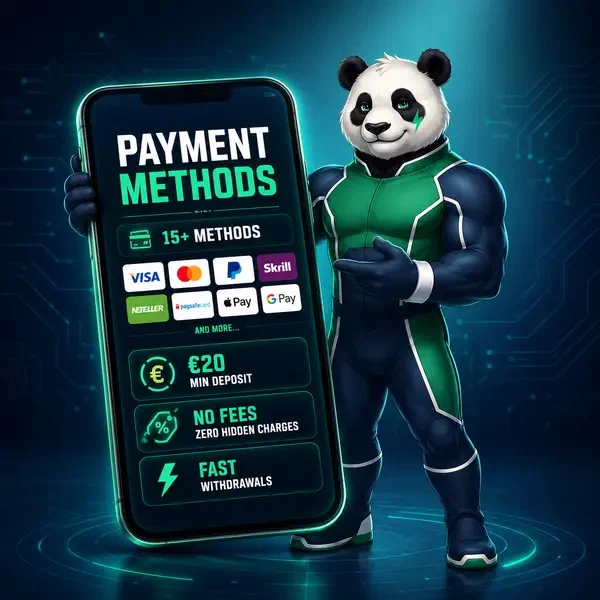 Selbstbewusster Charakter zeigt Bruno Casino Zahlungsmethoden auf Smartphone mit digitalen Zahlungssymbolen
